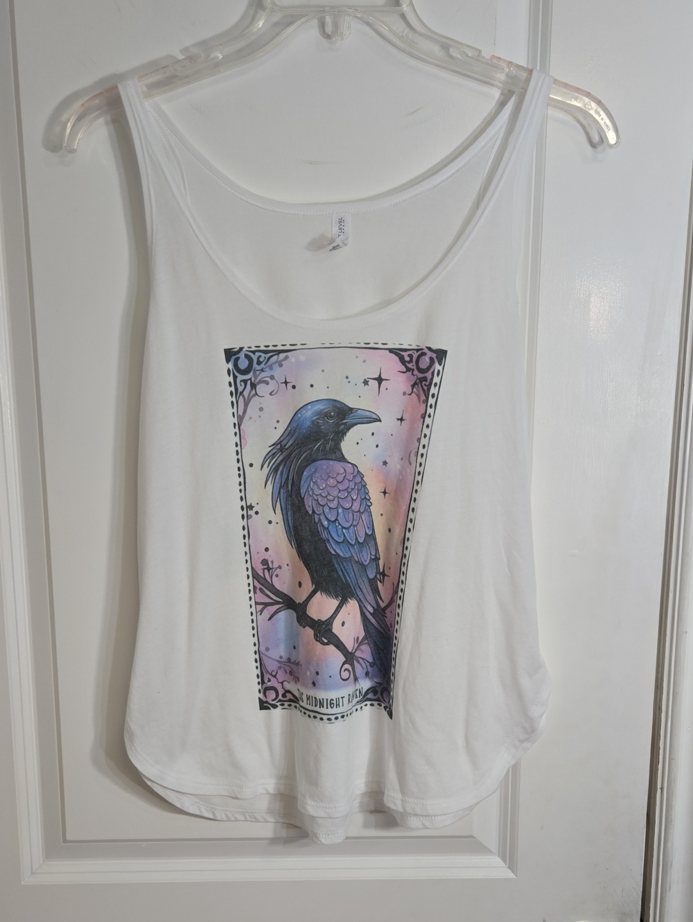 Hand Crafted White Tank Top with Purple & Blue Raven Graphic